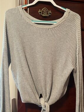 Hollister Light Gray Tie-Front Crewneck Sweater